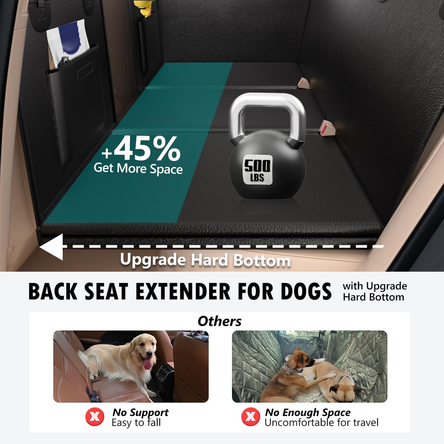 Back Seat Extender for Dogs Upgraded Anti-Scratch PU Leather, Hard Bottom Dog Car Seat Cover for Back Seat, Backseat Extender for Dogs, Waterproof Dog Hammock for Car, SUV, Small Truck, Black
