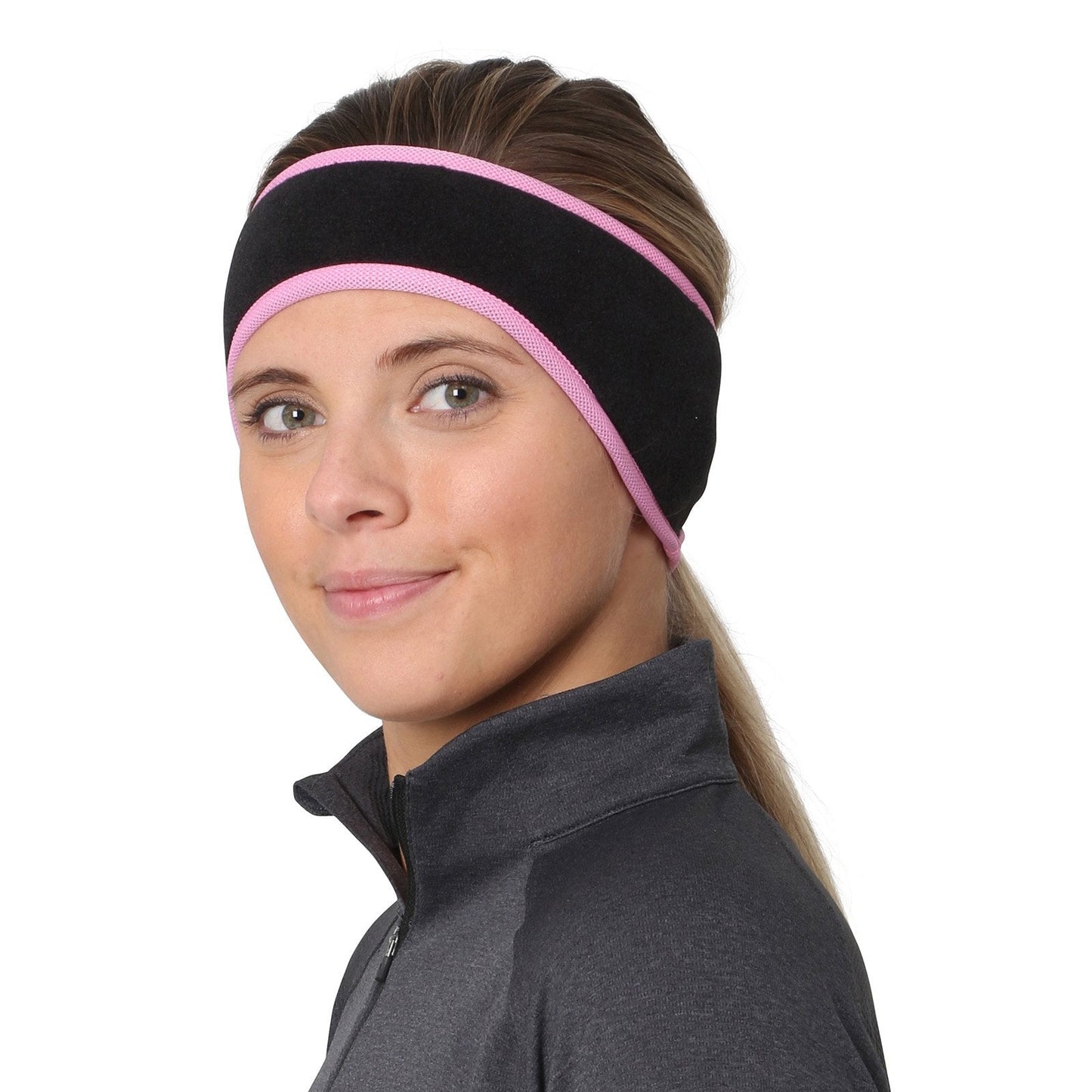 TrailHeads Women’s Ponytail Headband | Fleece Earband | Winter Running Headband - Black/Fast Pink