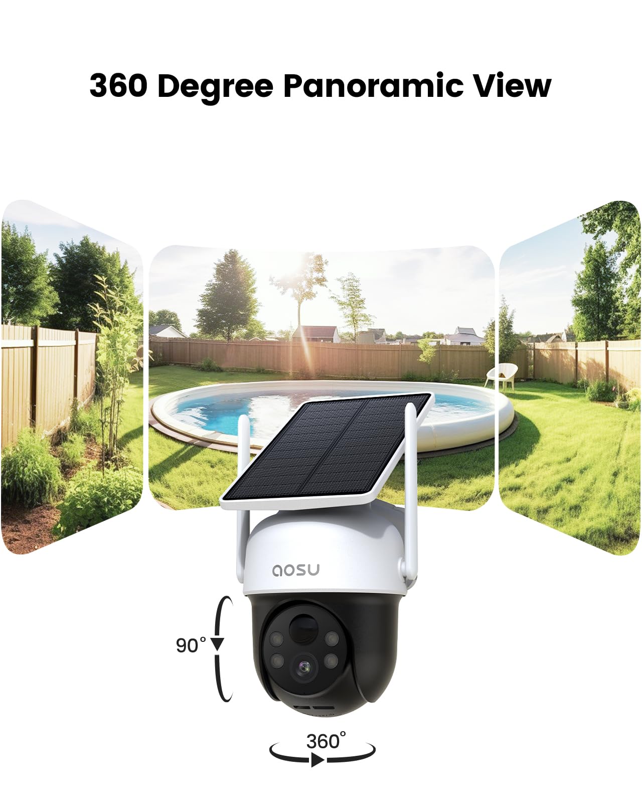 AOSU Solar Camera Outdoor Wireless - 100% Wire-Free Outdoor Security Camera Wireless with Fixed Solar Panel,360° Panoramic View, Human Auto Tracking, 2K Color Night Vision