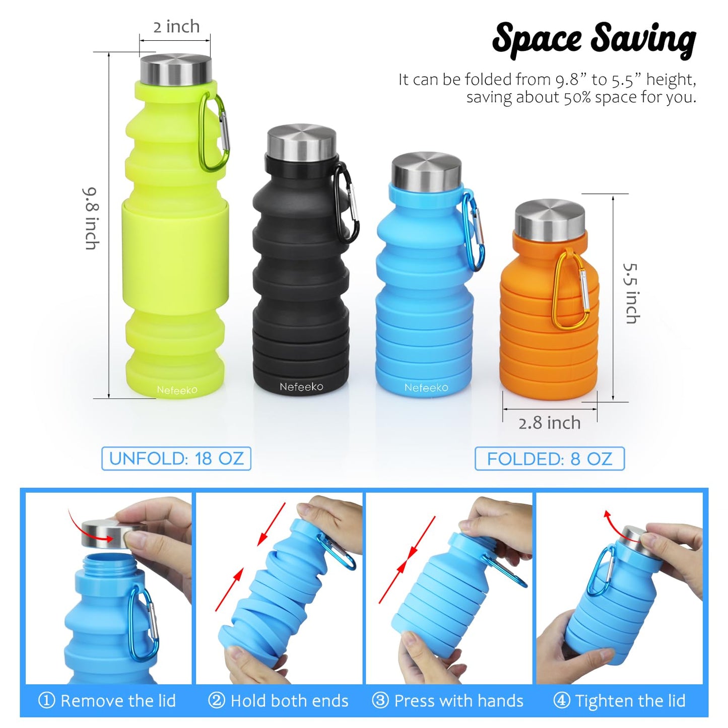 Nefeeko Collapsible Water Bottle, Reuseable BPA Free Silicone Foldable Water Bottles for Travel Gym Camping Hiking, Portable Leak Proof Sports Water Bottle with Carabiner