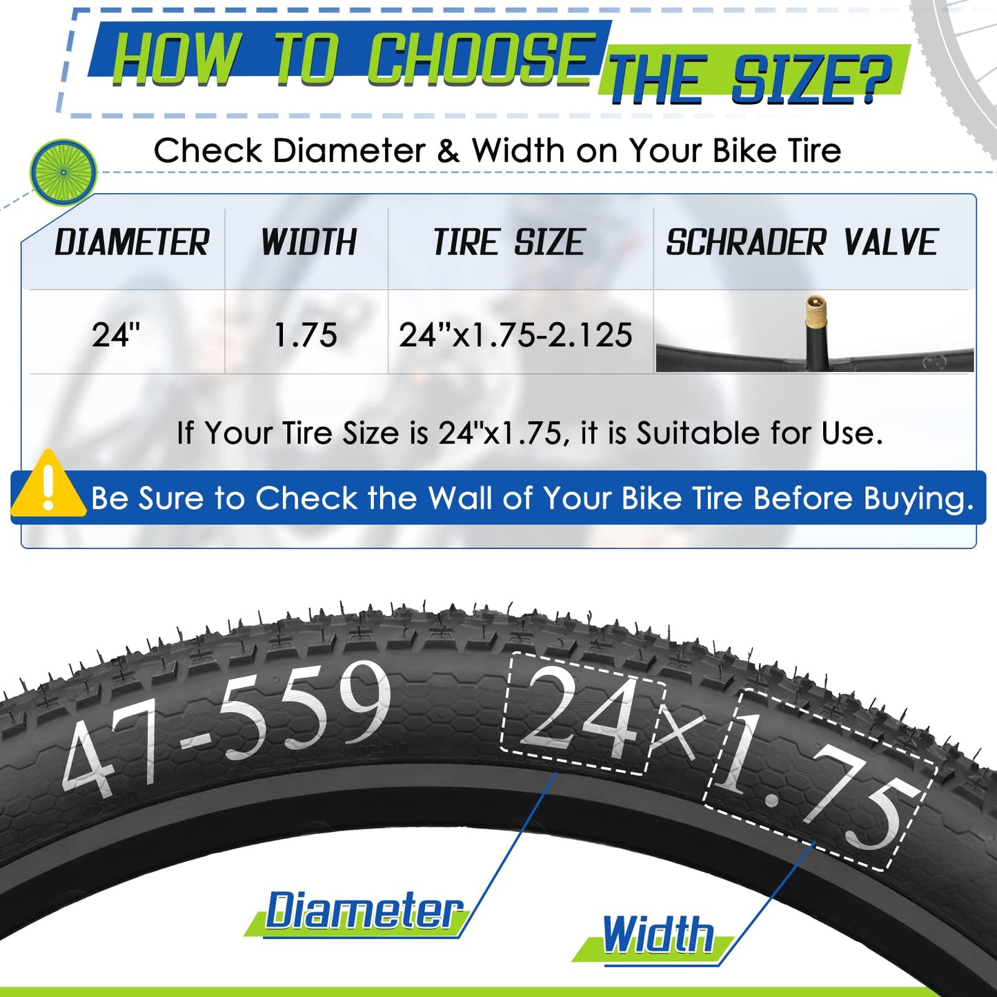 2-Pack Bike Inner Tube for 24 X 1.75/1.95/2.10/2.125", Premium 24x1.95 Bicycle Tube with 32 mm Schrader Valve 2PCS Levers, 24x2.125 Tube Compatible with Road/MTB/Kids Bike by Hydencamm (2 of One Size)