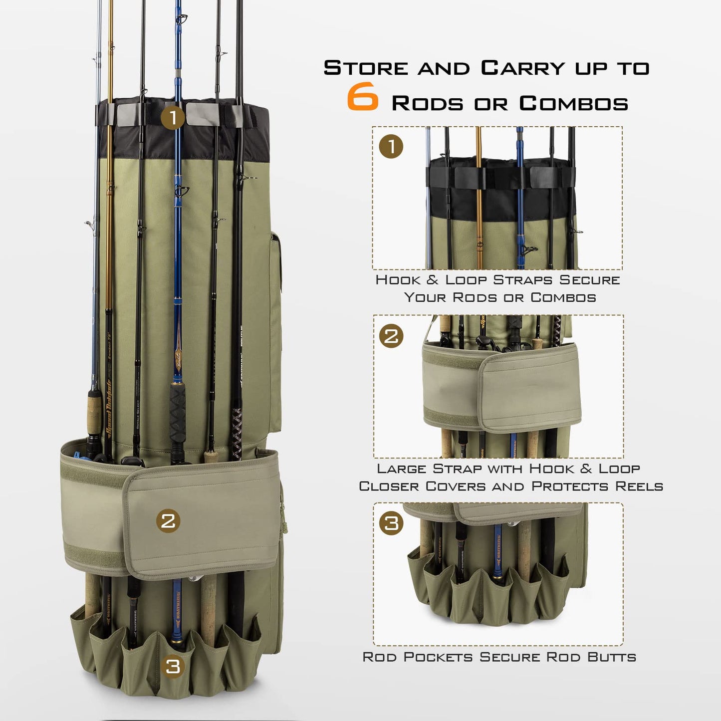 KastKing Karryall Fishing Rod Bag,81L Large Storage Water-resistant Rod Case Holds 6 Rods & Reels,Foldable Fishing Bag Accommodate Fishing Gear and Equipment,Fishing Gifts for Men,Khaki
