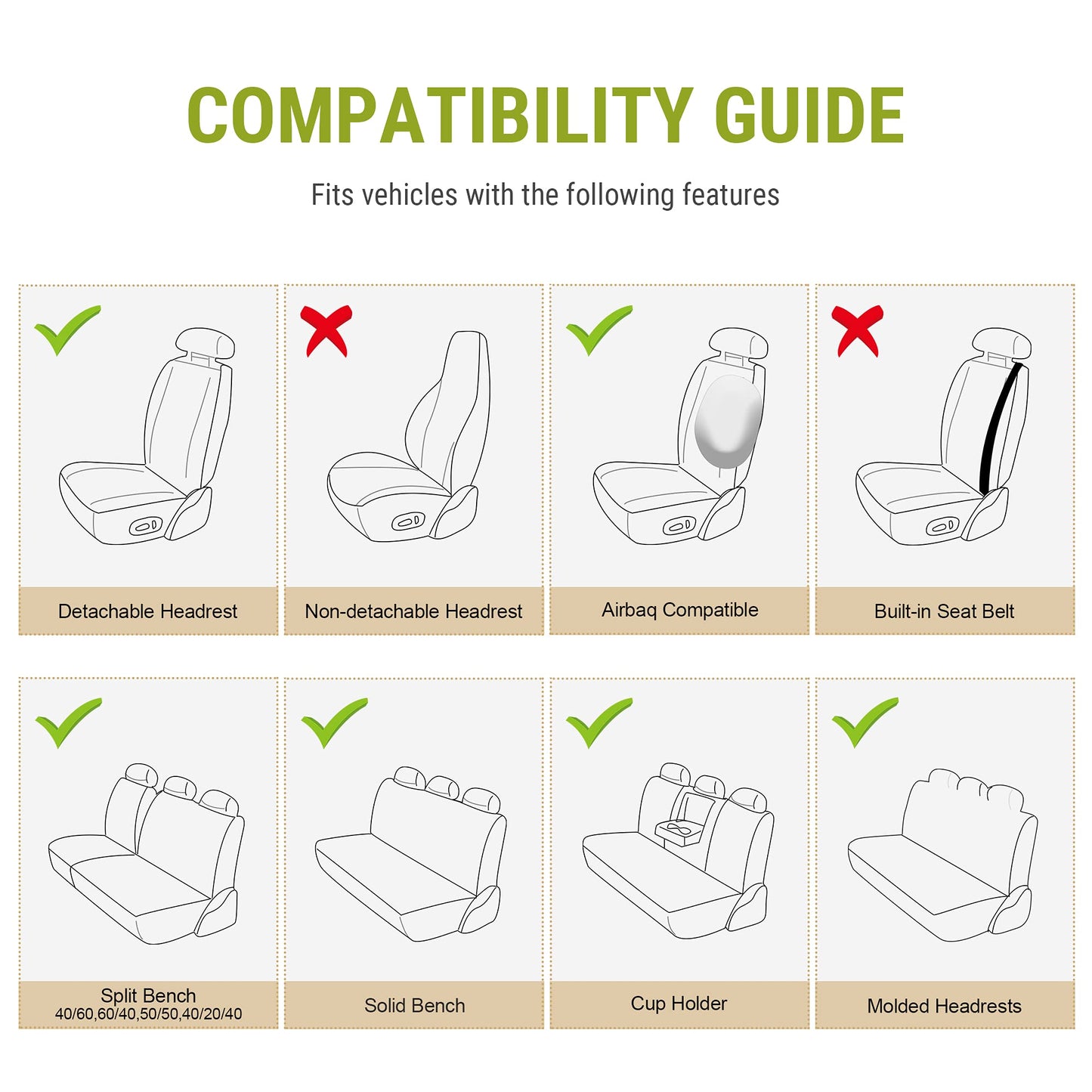 AOOG Leather Car Seat Covers, Leatherette Automotive Seat Covers for Cars SUV Pick-up Truck, Non-Slip Vehicle Car Seat Covers Universal Fit Set for Auto Interior Accessories, Front Pair, Beige