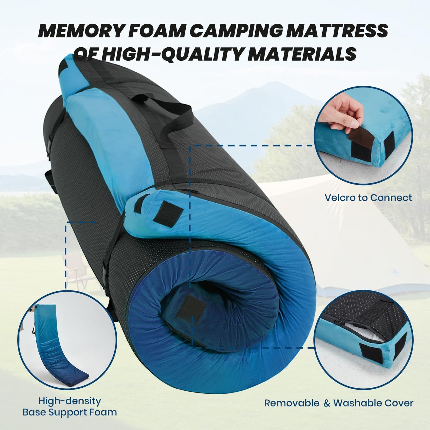 Memory Foam Camping Mattress Sleeping Pad, Portable Roll up Mattress with Travel Bag, 3 Inch Waterproof Camping Mat for Car Tent Floor, Comfortable Sleeping Mats for Guests and Adults Sleepover