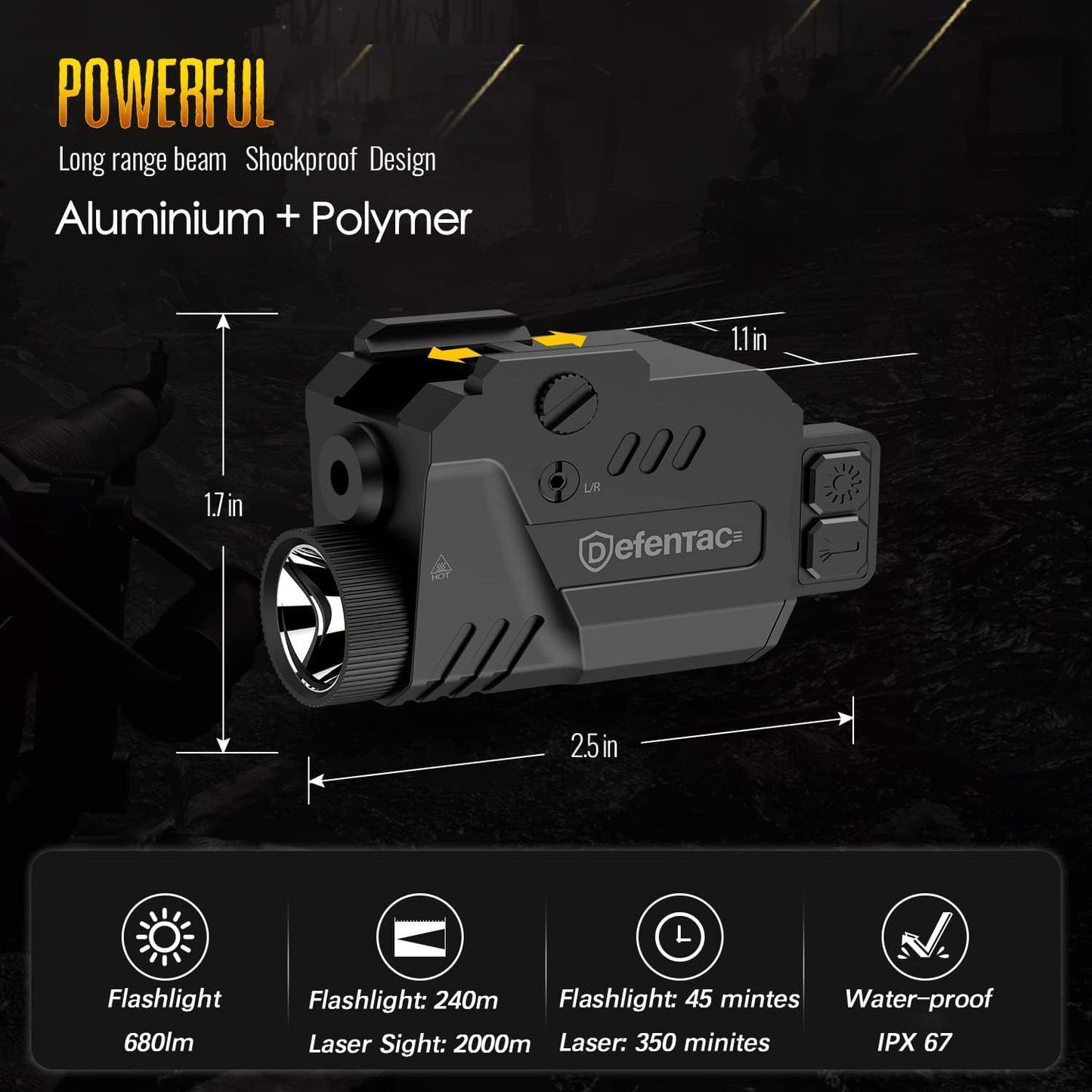 Defentac Pistol Laser Light Combo 680 Lumens, Strobe Tactical Flashlight with Green Beams for Compact Guns W/a Rail, Magnetic Rechargeable