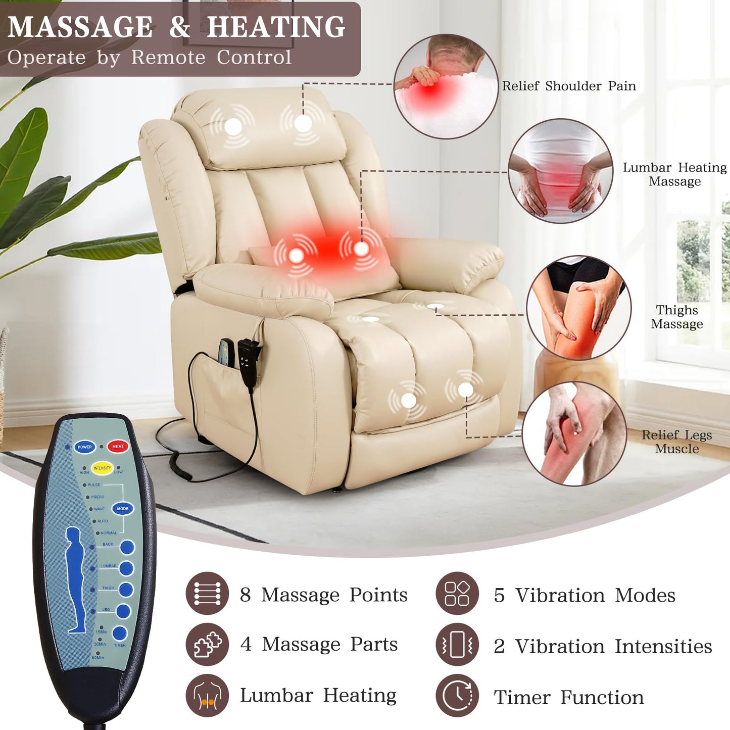Infinite Position Lay Flat Lift Recliner Chair for Adults, Dual Motor Power Lift Chair for Elderly with Massage & Heating, Extended Footrest, USB Ports, Remote Control & Lumbar Pillow, Leather (Cream)