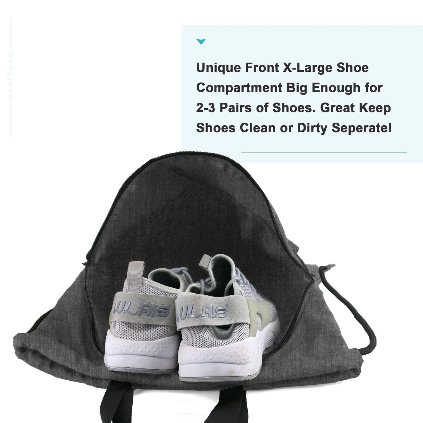 BeeGreen Teal Drawstring Backpack Bag with Shoe Compartment X-Large Gym Sports String Cinch Sackpack with Front Inside Zipper Pockets 300D