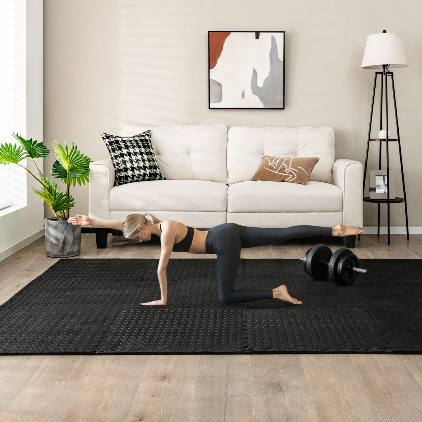 Tangkula 12 Tiles Exercise Flooring Mats with Border, Non-Slip EVA Foam Protective Mats, Elastic Puzzle Play Mats, 1/2" Interlocking Floor Mats for Home Gym, Fitness Room, Workshop Equipment(Black)