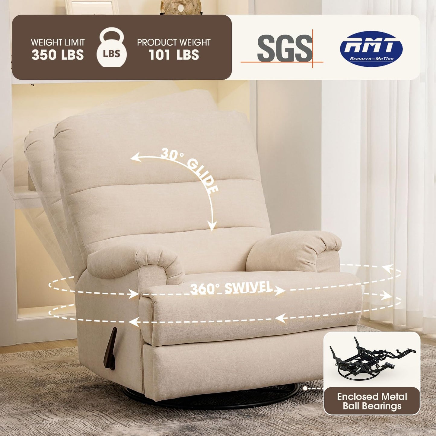 Divanus Large Glider Rocker Recliner,Beige Swivel Rocking Recliner Chair,Reclining Sofa Rocking Chair Nursery,23 Inches Deep Seat & 27 inches High Back,for Living Room, Bed Room (Beige)