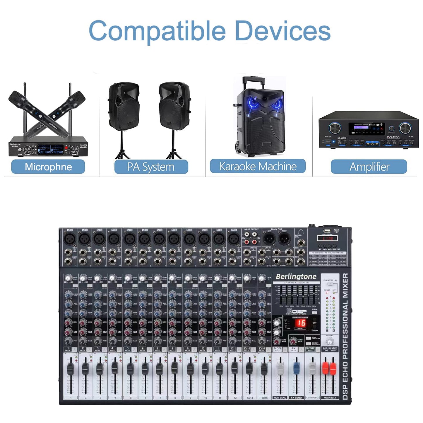 -Berlingtone,16 Channel Professional Bluetooth Studio Audio Mixer - DJ Sound Controller, USB MP3 Player, 14 Microphone Jack, 7 Band EQ, 16 BIT Digital FX, 48V Phantom Power, Unpowered (BR-166MX)