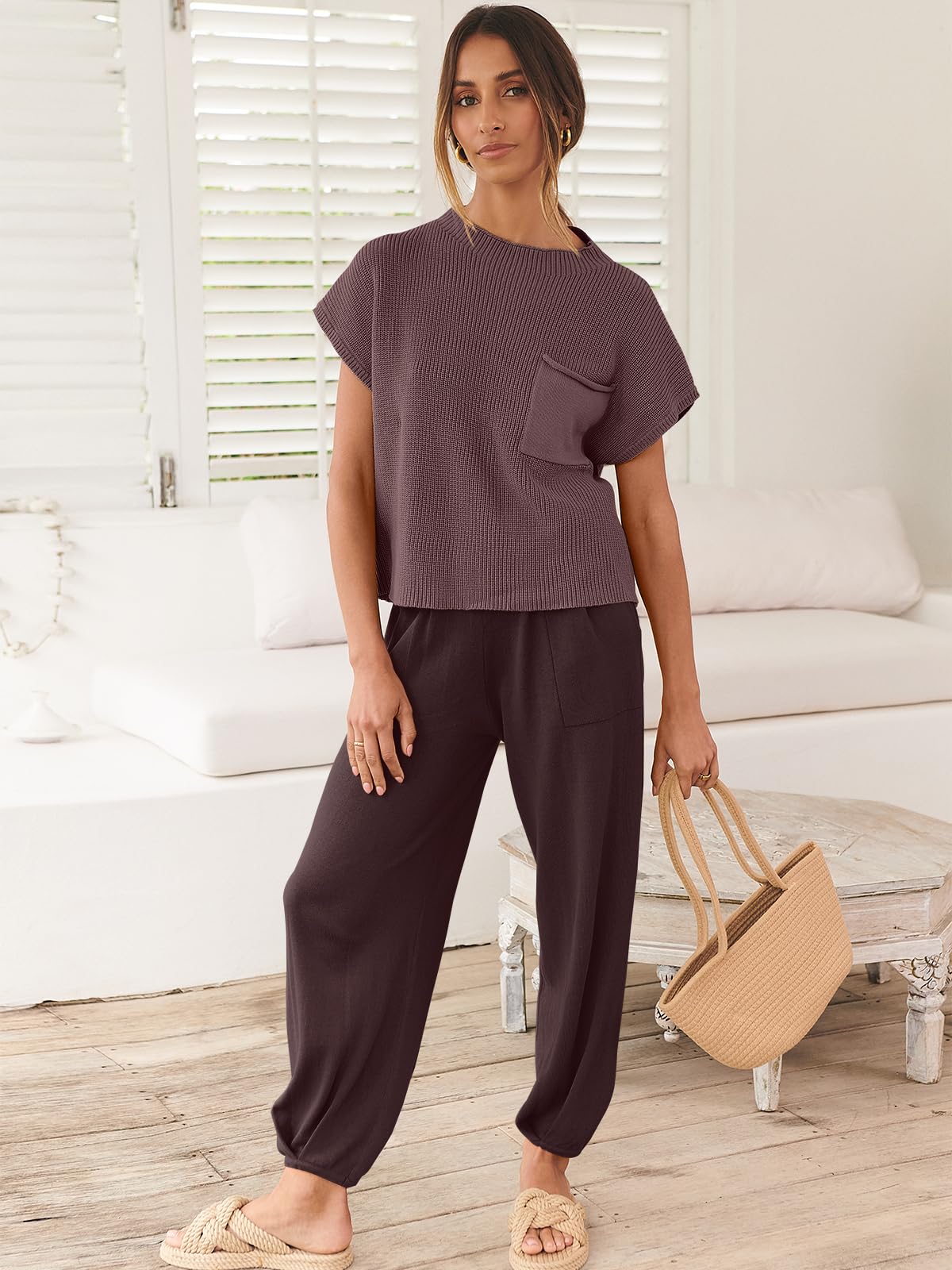 ANRABESS Women's Two Piece Outfits Knit Sweater Pullover Crop Top & Pants Lounge Matching Tracksuit Sweatsuit Sets 2024 Trendy Loungewear Clothes Nutmeg X-Small