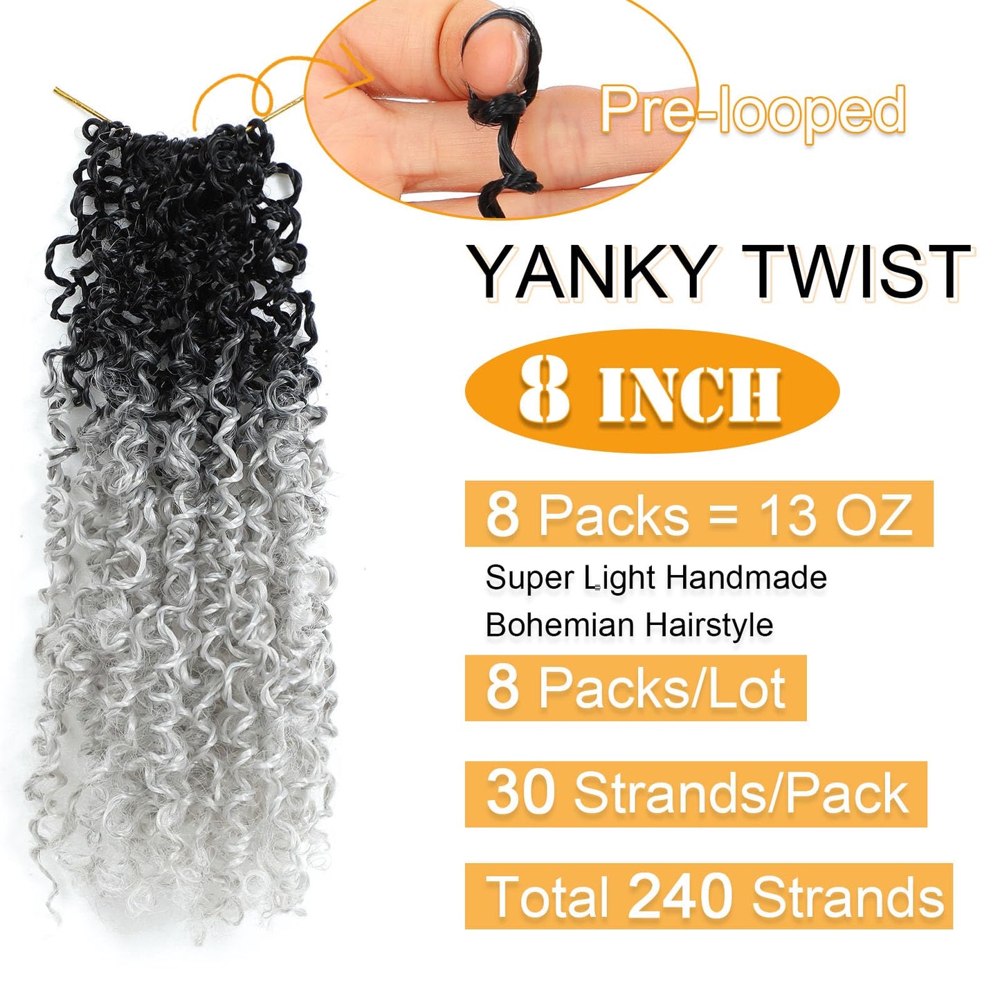 Aksice Pre-looped Yanky Twist Crochet Hair 8 Inch 8 Packs Bohemian Passion Twist Spring Mini Twist Crochet Hair for Black Women Boho Crochet Braids Synthetic (1Bgray)