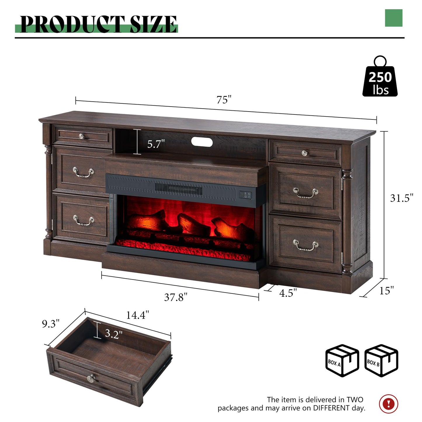 AMERLIFE 75" Fireplace TV Stand, Large TV Stand with 36" Fireplace, Farmhouse Entertainment Center with Solid Wood Roman Column, 2 Drawers & Cabinets Storage, for TVs up to 85", Reclaimed Barnwood