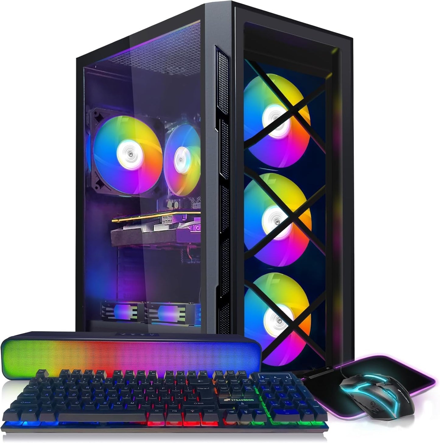 STGAubron Gaming PC Computer Desktop, Intel Core i7-6700 up to 4.0G, Radeon RX 5700 XT 8G, 16G DDR4, 1T SSD, WiFi, BT 5.0, RGB Fan x6, RGB BT Sound Bar, Windows 10 Home