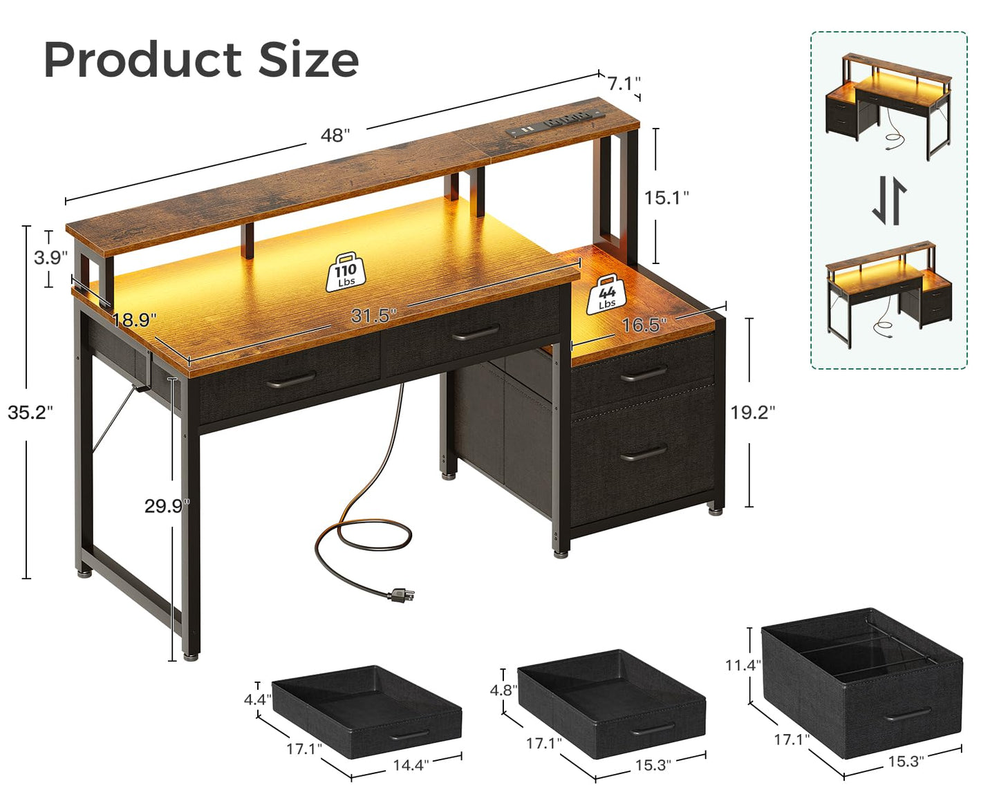AODK Computer Desk with 4 Drawers, 48 Inch Reversible Desk with Led Lights & Power Outlet, Office Desk with File Drawer & Monitor Stand, Work Table for Home Office, Rustic Brown