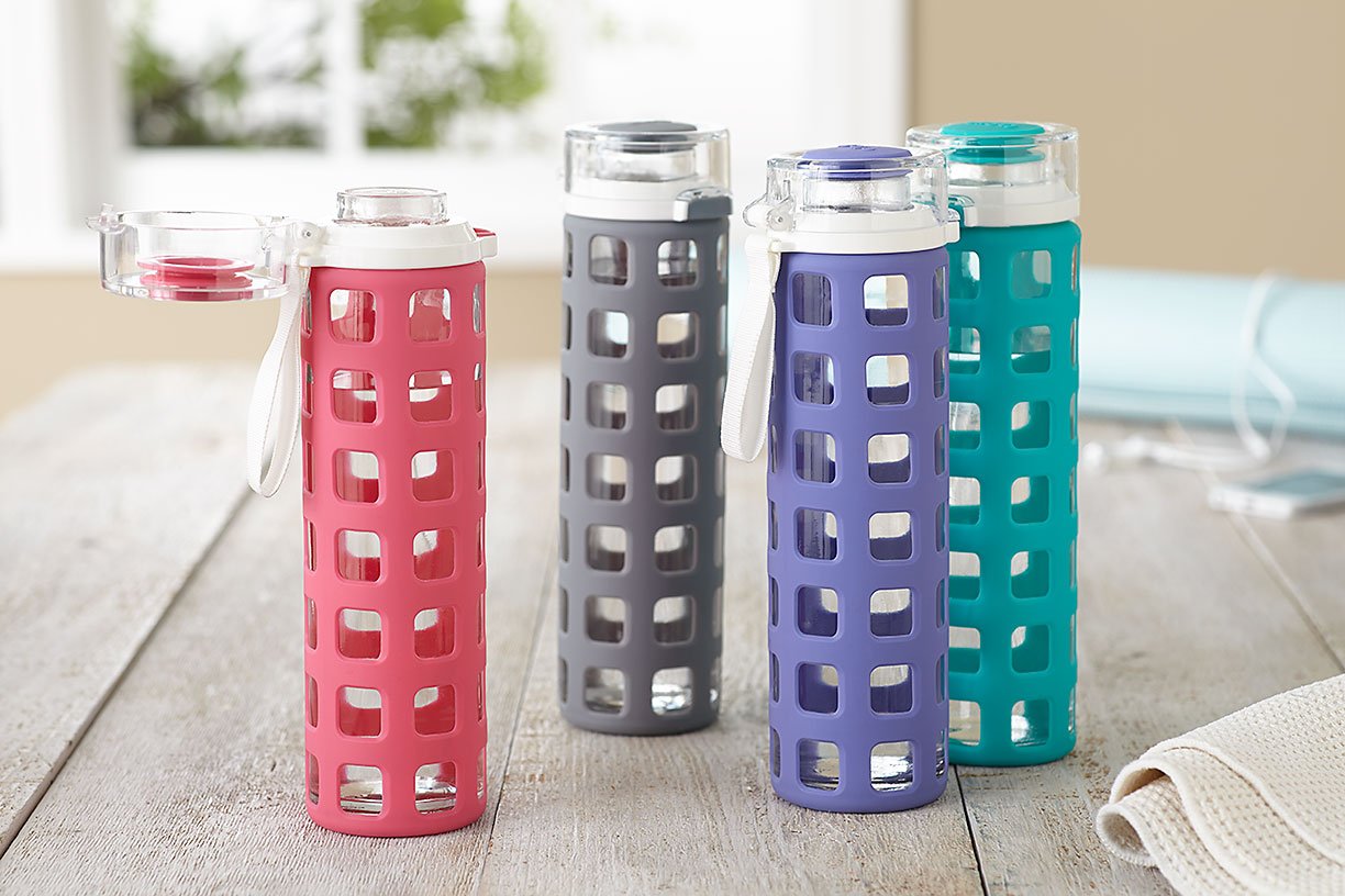 Ello Syndicate Glass Water Bottle with One-Touch Flip Lid and Protective Silicone Sleeve and Carry Loop, BPA Free, Dishwasher Safe, Coral, 20oz