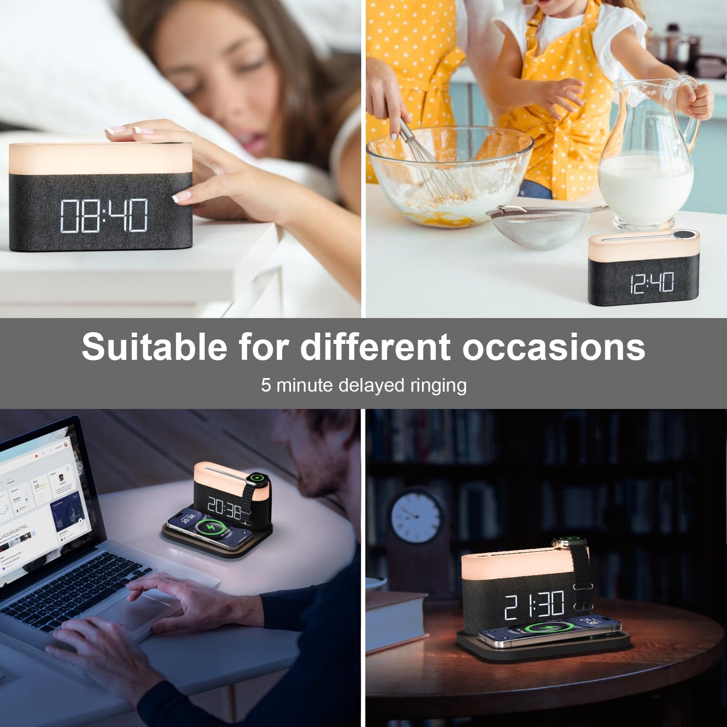 HOURUNTAIL Alarm Clock with Multi-Function Mobile Phone Watch Wireless Charging 15W Max Touch Bedside Lamp,3 Colors nightlight, Sleep Timer for Bedroom,Bedside,Desk