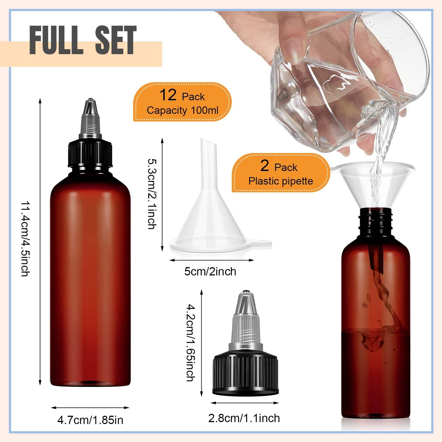 Barydat 12 Pcs Applicator Bottles for Hair, Squeeze Hair Oil Applicator Bottle Refillable Empty Plastic Bottles, Twist on Top Cap with Open Close Nozzle and 2 Funnels(3.5 oz,Amber)