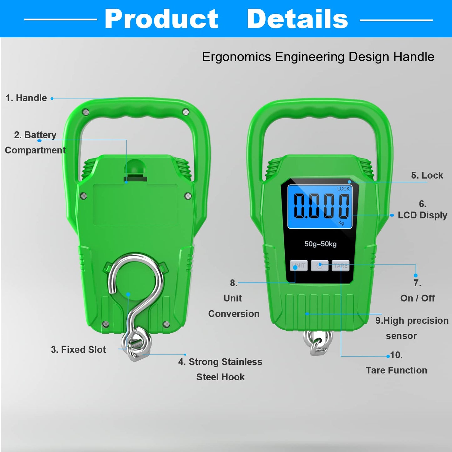 SKEAP Digital Fish Scale Hanging Scale Fishing Scale,110lb/50kg Luggage Scale,Upgrade Large Handle & Backlit LCD Display, Electronic Balance Digital Fishing Postal Scale,Green,Fishing Gifts for Men