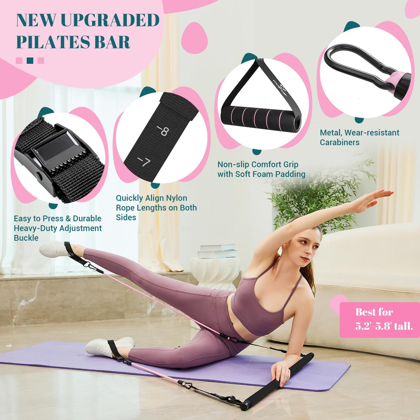 Pilates Bar Kit with Resistance Bands, Multifunctional Yoga Pilates Bar with Heavy-Duty Metal Adjustment Buckle, Portable Home Gym Pilates Resistance Bar for Full Body Workouts(20-150LBS)- Jet Black