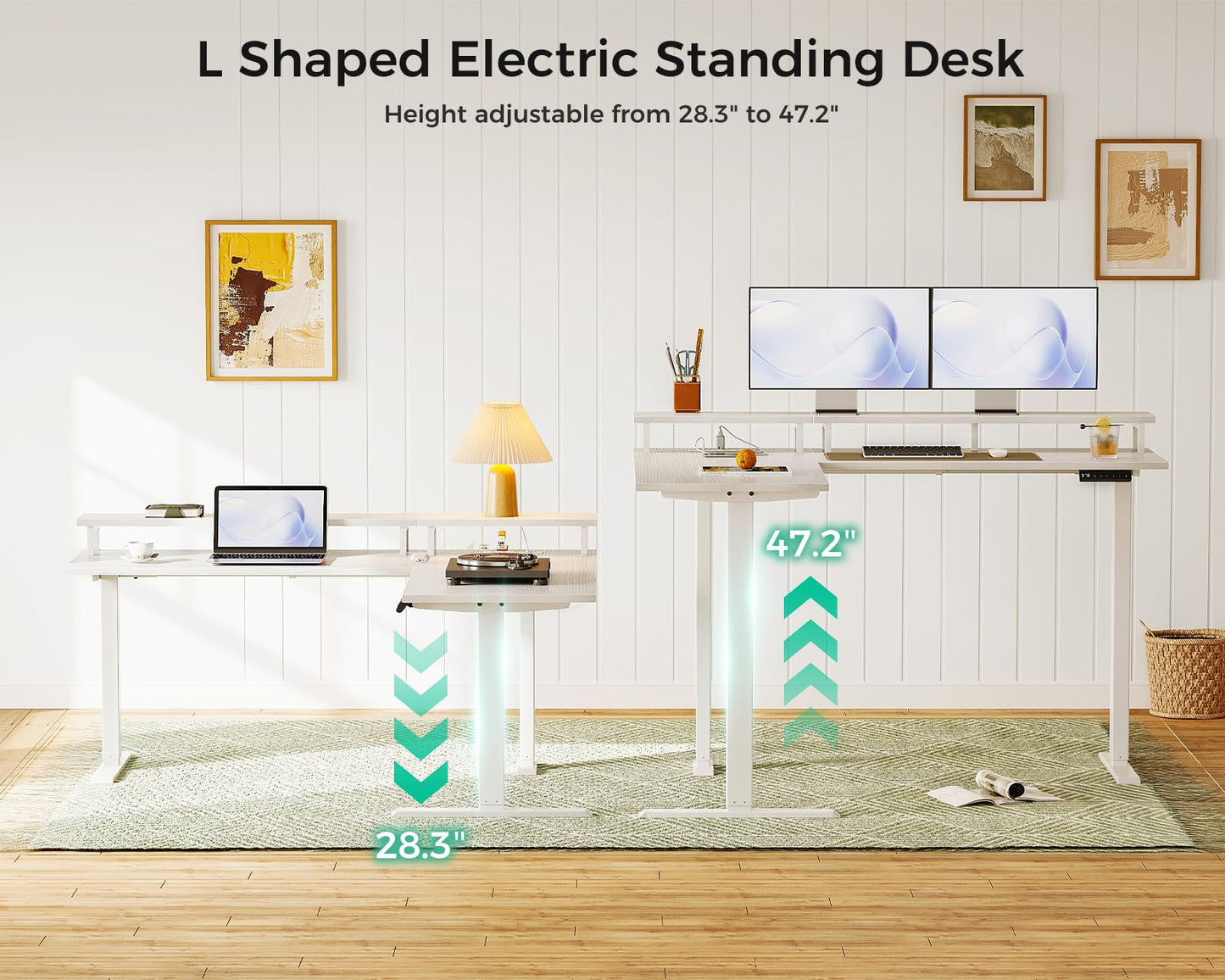 AODK Electric L-Shaped Standing Desk, 59 Inch Height Adjustable Office Desk with Monitor Stand, Sit-Stand Desk with Power Outlets, Large Lift Table for Home, Office, Workstation, White