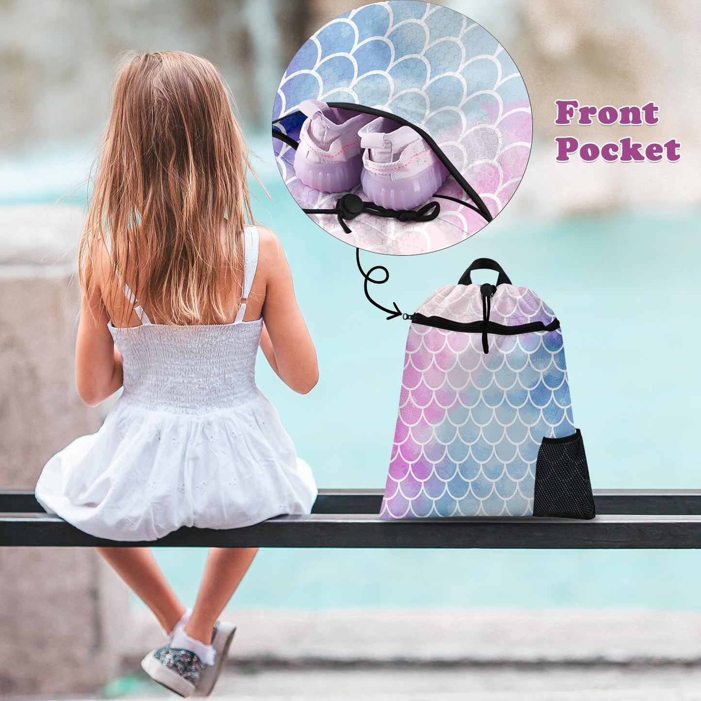 Britown Mermaid Gym Drawstring Backpack Waterproof Underwater Sea Pink Blue Girl Swimming Beach Sackpack, Sports Yoga Dance Travel String Bag Gift Bags with Water Bottle Pocket