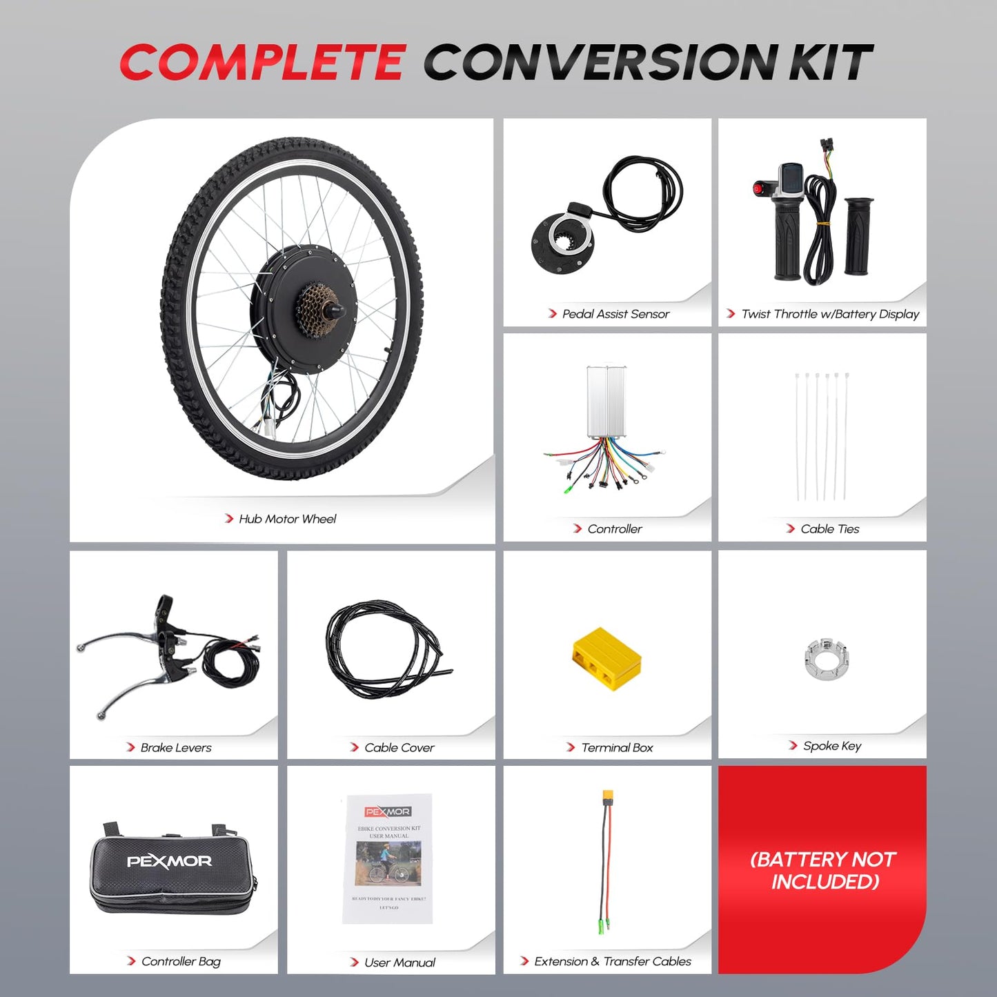 PEXMOR Electric Bike Conversion Kit, 48V 1200W 26" Front Wheel E-Bike Hub Motor Kit, Upgrade 3 Mode Controller w/PAS/Twist Throttle with Battery Indicator Ebike Bicycle Wheel Kit
