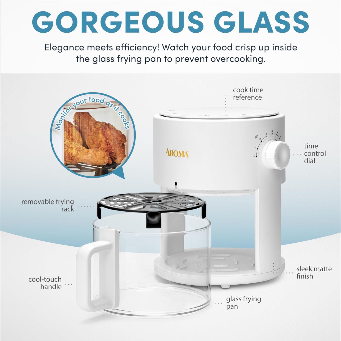AROMA® Glass Air Fryer and Countertop Convection Oven with Powerful 360Crispy™ Technology (3 Quart), White
