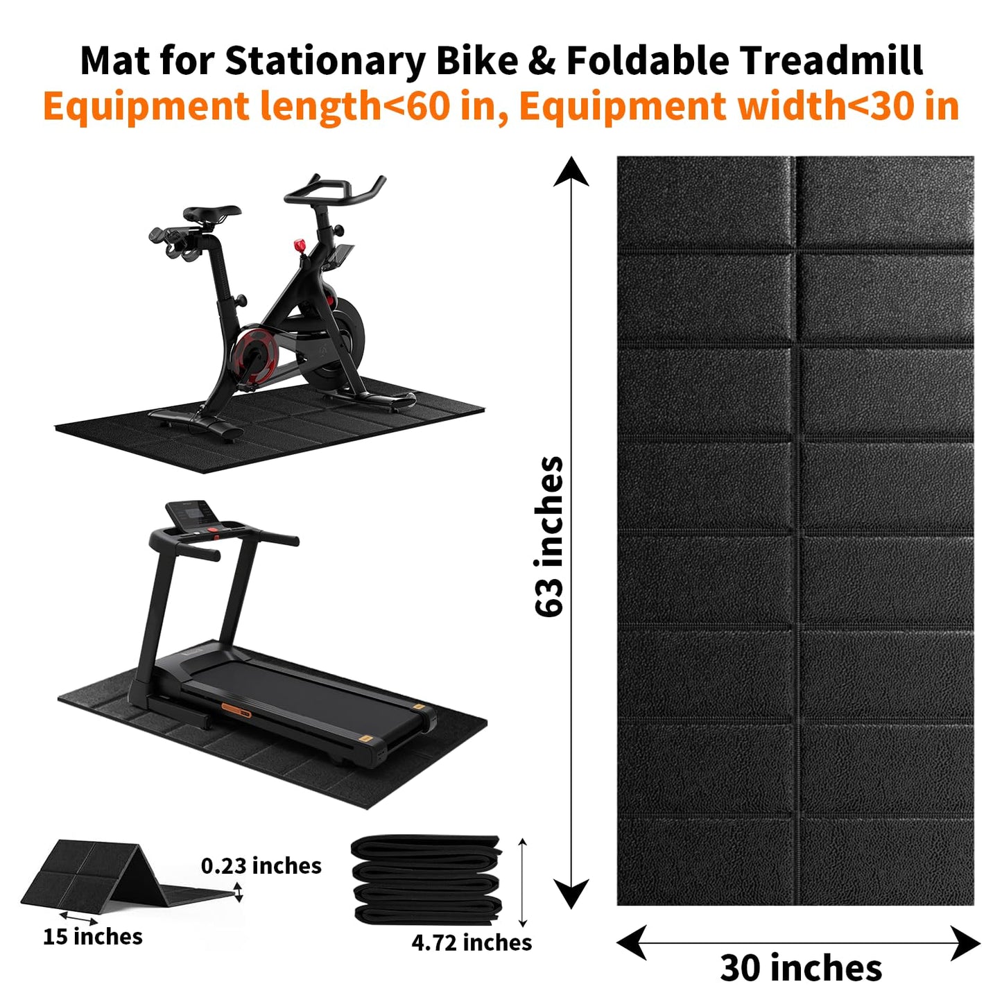 Exercise Bike Treadmill Mat 63x30,Compatible with Peloton, 1/4" Thick Indoor Bike Trainer Mat for Hardwood Floors, for Spin Stationary Bike, Equipment Stability Mat for Workout, Noise Shock Absorption