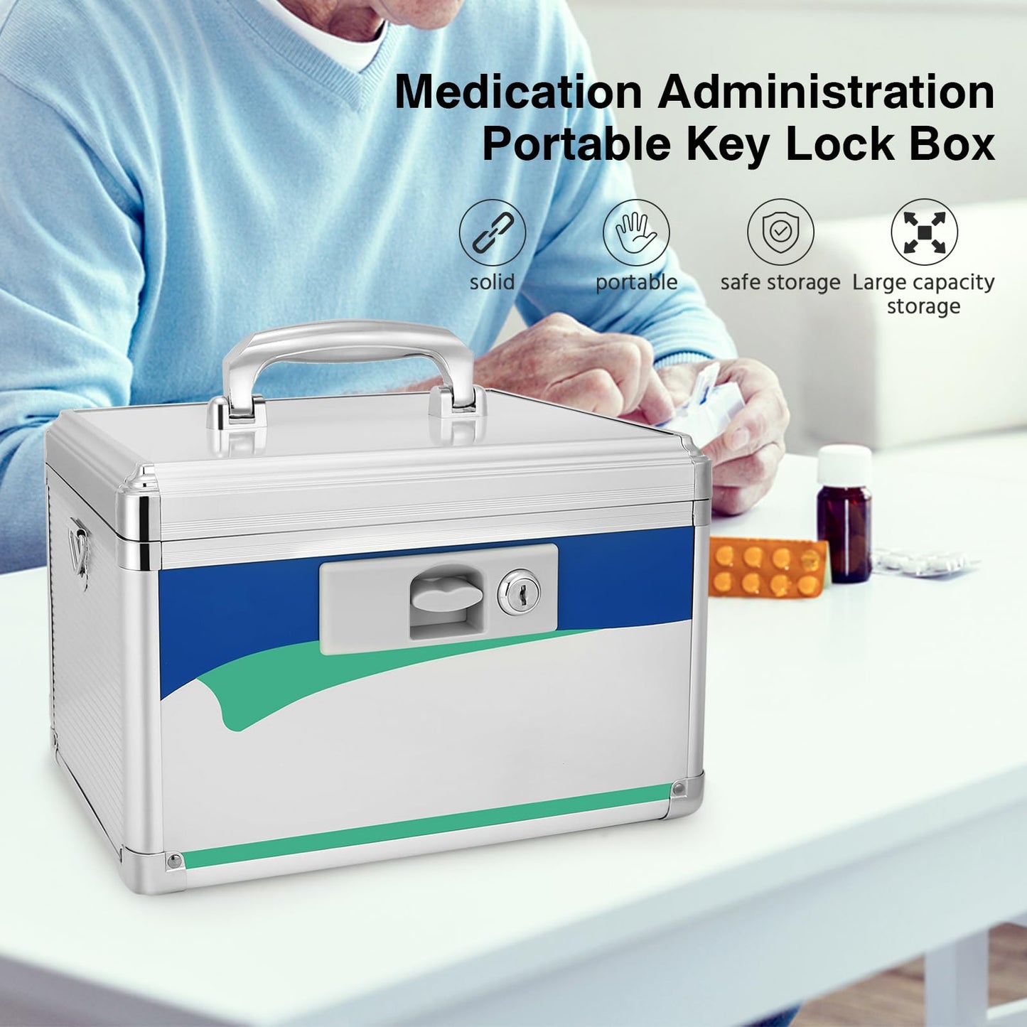 BAGAKE 12-Inch Medicine Lock Box - Keyed Security for Home & Outdoor Use | Lockable Storage Box Durable Aluminum Design | Fits Family Essentials 11.2'' x 7.6'' x 7.6'' Blue