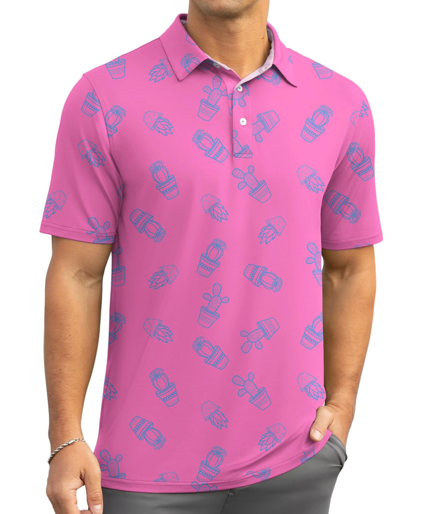 Askdeer Men's Golf Polo Shirts Short Sleeve Performance Dry Fit Polo Shirt Moisture Wicking Casual Golf Shirts Pink Cactus