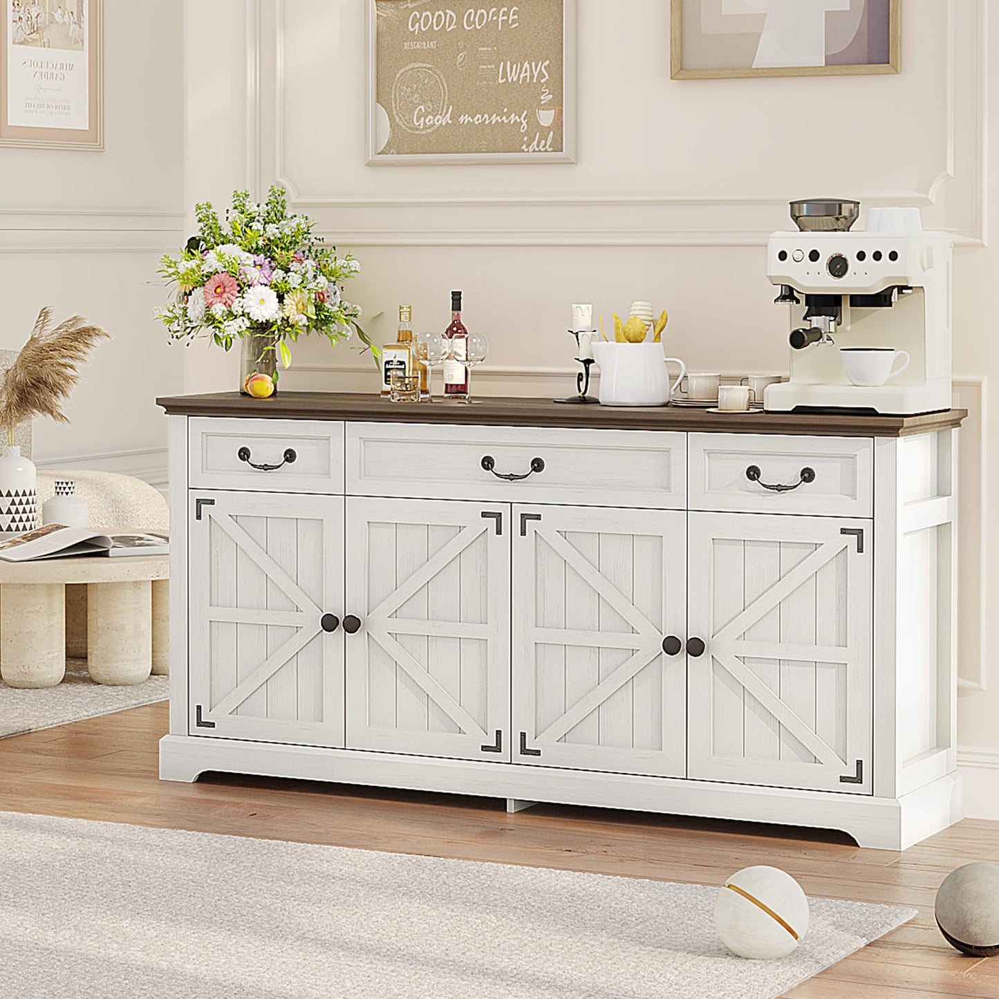 Vipbear 65" Large Sideboard Buffet Cabinet, Farmhouse Kitchen Sideboard Cabinet Buffet with Storage 3 Drawers, Coffee Wine Bar Cabinet with Storage for Living Room, Kitchen, White