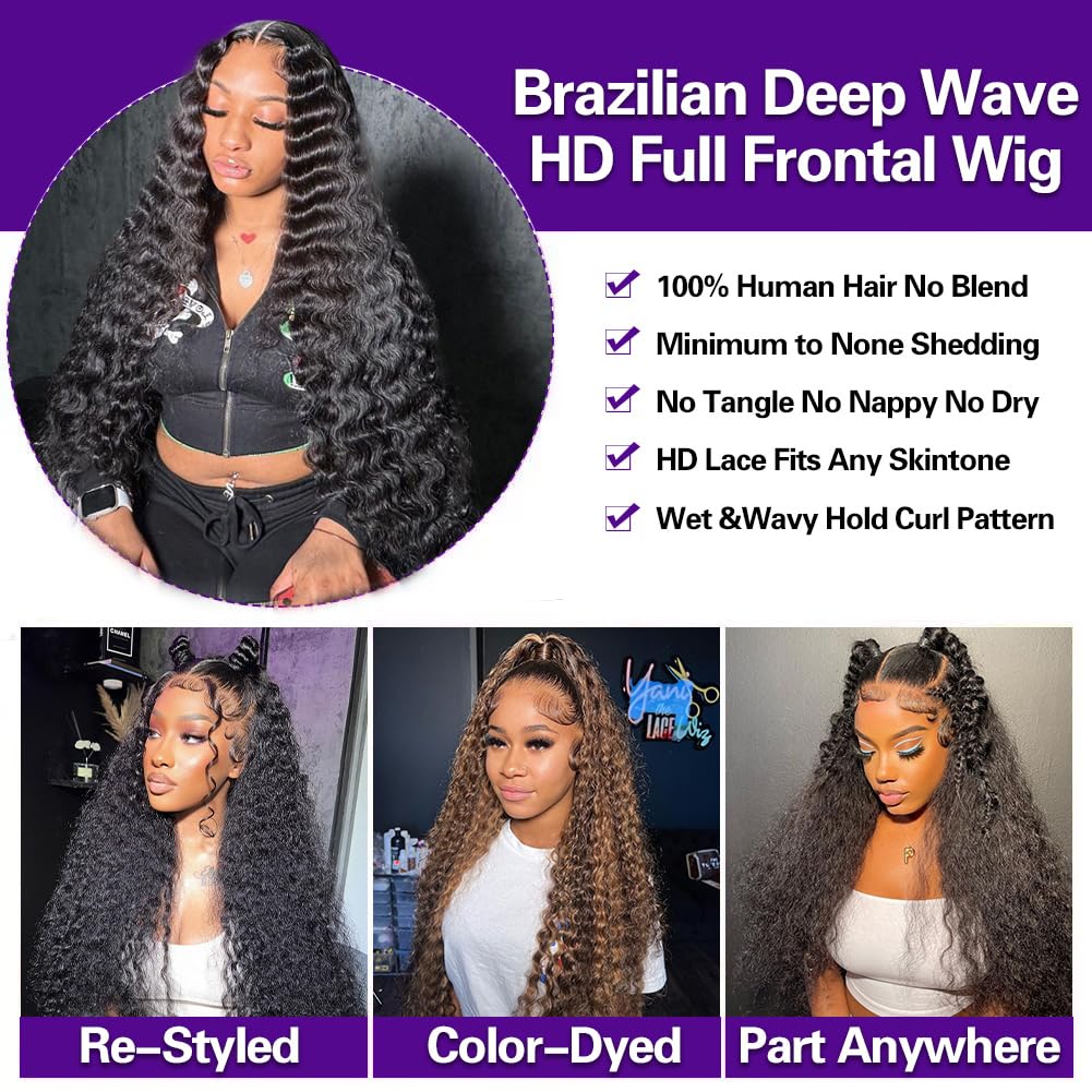 LRV 28 Inch Deep Wave Lace Front Human Hair 13x4 HD Deep Wave Wig For Women Brazilian Frontal Human Hair Waterwave Wet and Wavy Lace Front Wig Pre Plucked 180 Density