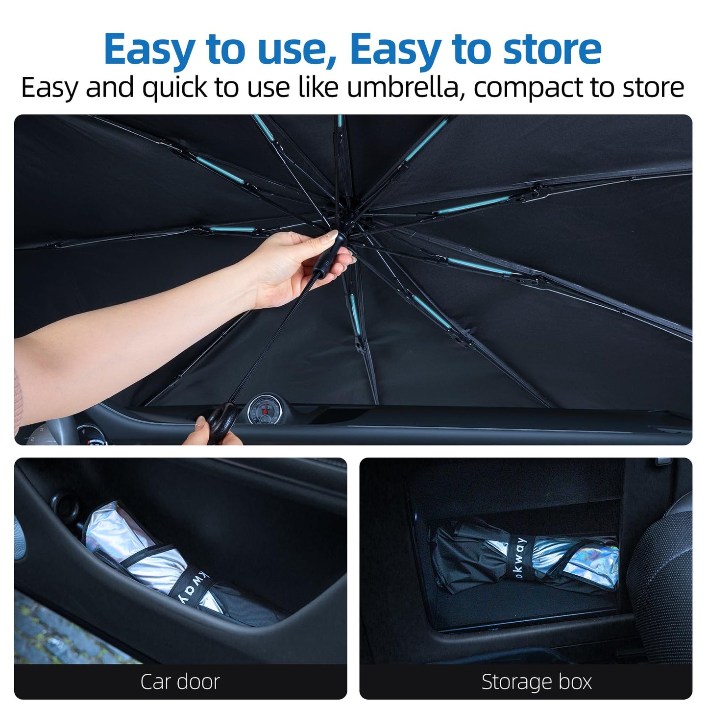 AOKWAY Windshield Sun Shade Umbrella, Foldable Car Sunshade with UV Blocking - Protect Car from Sun Rays & Heat Damage Keep Cool and Protect Interior,Medium (59.1" L x 32.2" W)