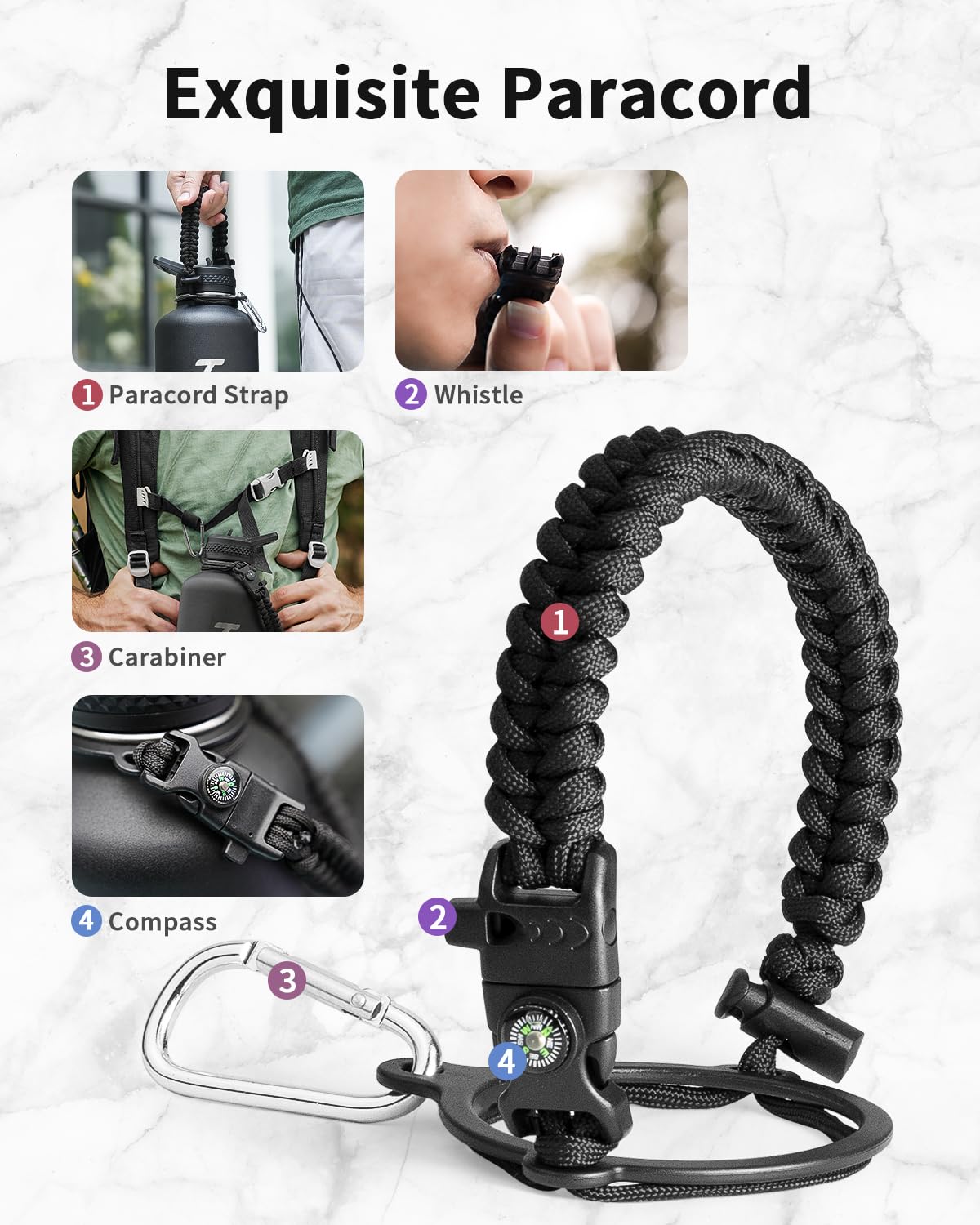 Trebo Water Bottle 87oz with Paracord Handle, Half Gallon Food-grade Double Wall Vacuum Stainless Steel Insulated Jug with Straw Spout Handle Lids, Leakproof Keep Cold & Hot,Black