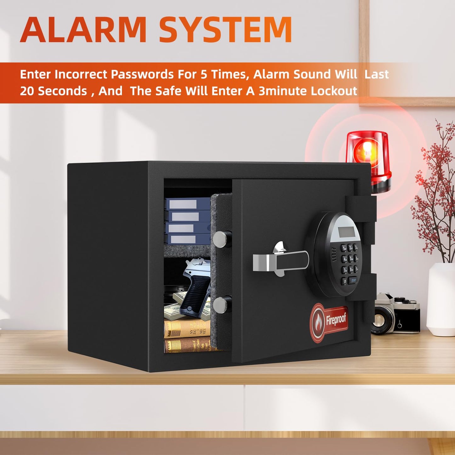 1.2 Cubic Feet Fireproof Safe Box, Fireproof Home Safe for Money, Jewelry, Documents and Valuables W/Digital Keypad,Alarm System,Removable Shelf, Home and Office Use Document Box