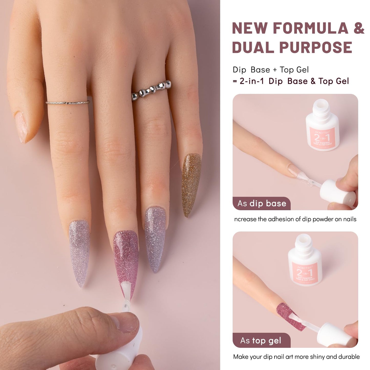 Aokitec Sparkling Series Dip Powder Nail Kit - Glitter Pink Silver Gold Dip Powder Set with 2-in-1 Dip Base & Top Coat Activator Dip Liquid Set for Nail Art Starter DIY Dip Nail French Manicure