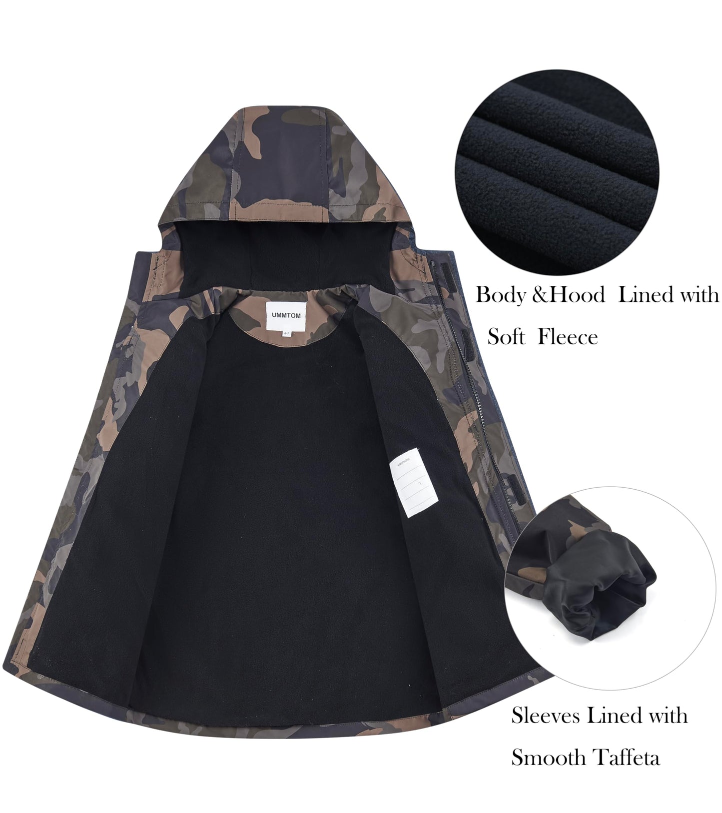 UMMTOM Boys Rain Jackets Lightweight Waterproof Hooded fleece Raincoats Windbreakers for Kids(5-6Y,Brown Camo)