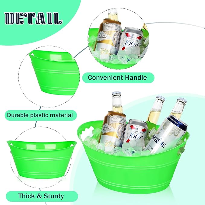 8Pcs Ice Bucket, Plastic Ice Buckets for Parties, Drink Buckets with Handles Beverage Buckets Oval Storage Plastic Tub for Wine Beer Champagne Bottles, 4.3Liter (Green)