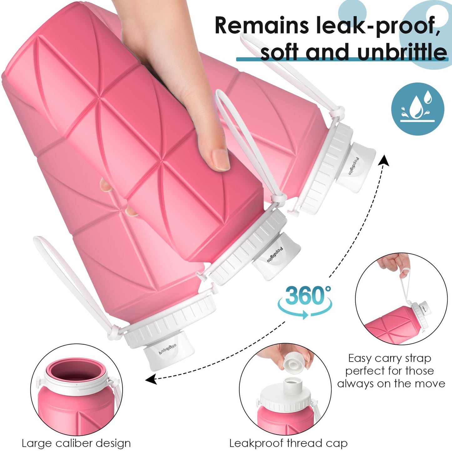 Popdigito Collapsible Water Bottle 2pcs Foldable Silicone Travel Water Bottle Leakproof Flexible BPA Free Portable,Folding Water Bottle Lightweight for Camping, Hiking,Sports 23oz (Pink)
