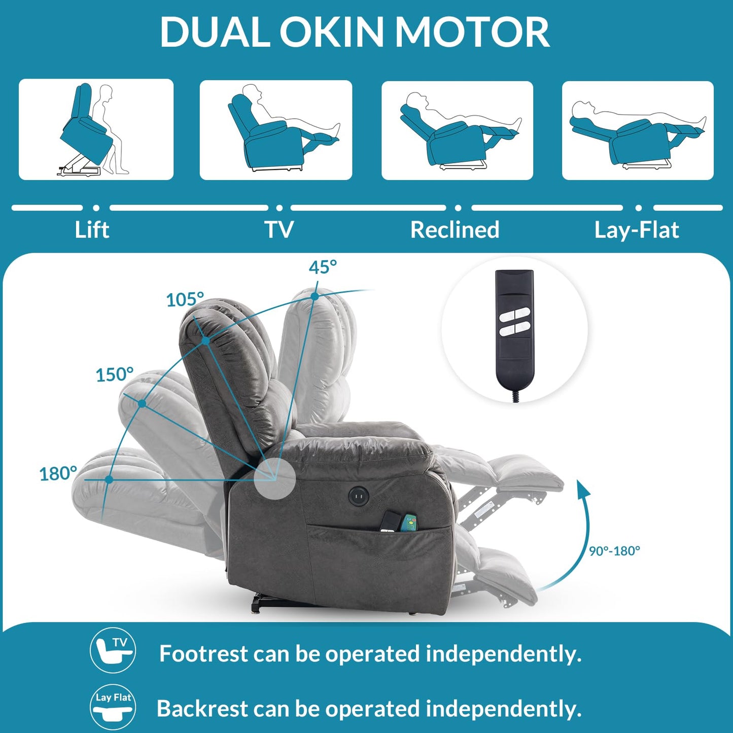 OUINCH Large Dual Motor Lay Flat Sleeper Power Lift Recliner Chair for Elderly with Heat and Massage, 2 Remote Controls, 2 USB Ports & 2 Side Pockets, Infinite Position (Grey)