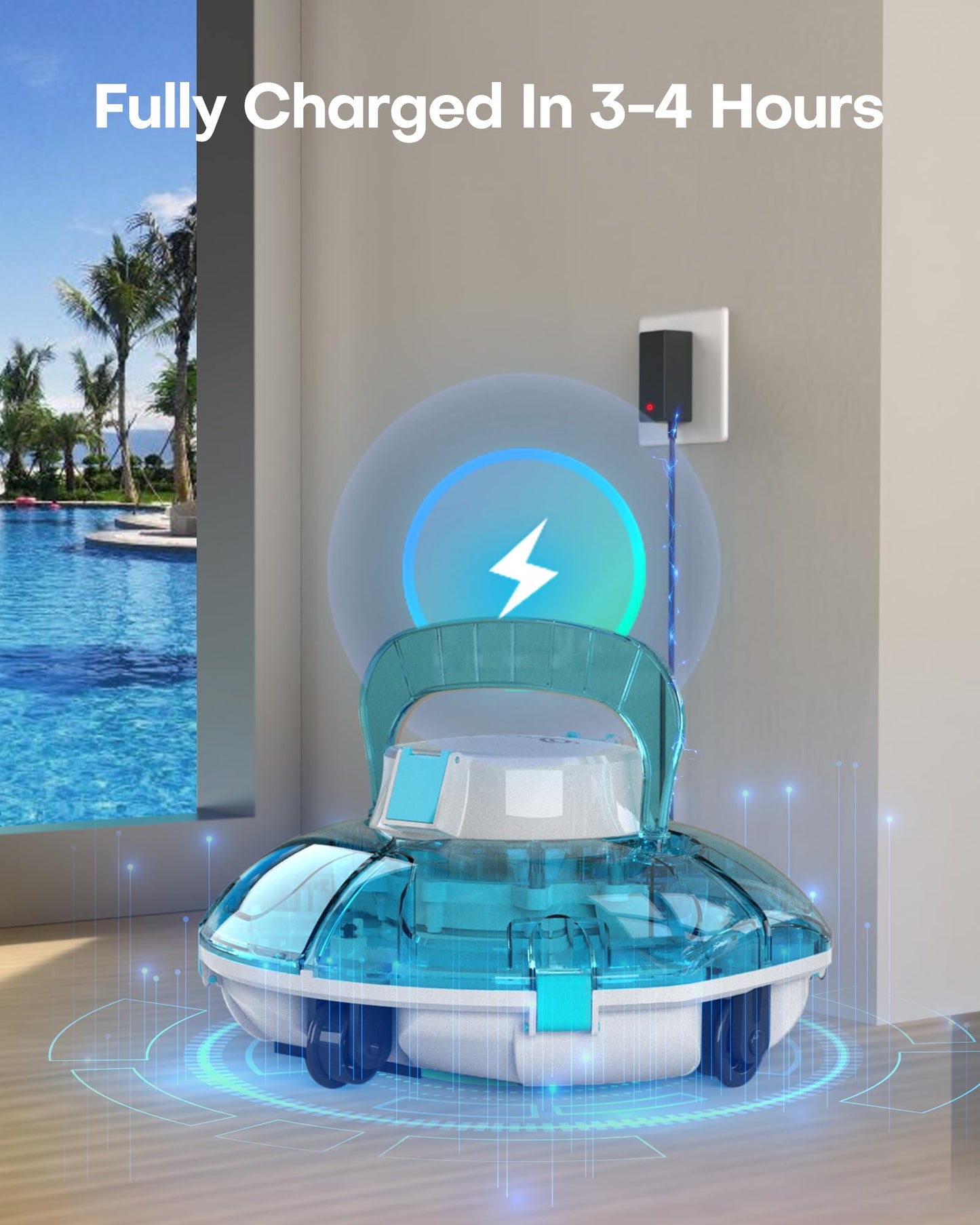 (2025 Upgrade) Cordless Robotic Pool Cleaner, Lasts 75 Min, Automatic Vacuum for Above-Ground Pools up to 645 Sq.ft,Portable, Self-Parking,Transparent Blue
