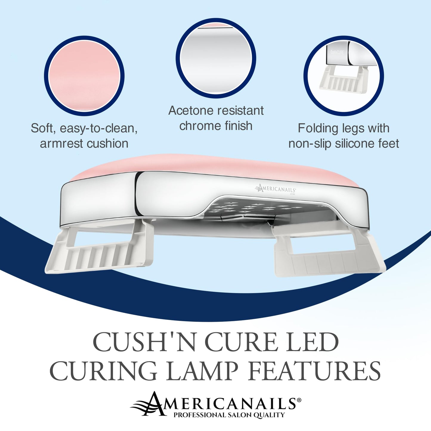 Americanails Cush'n Cure LED Nail Curing Lamp with Armrest, USB Type-C Power Input, Acetone-Resistant Finish, and Soft, Easy-to-Clean Armrest Cushion