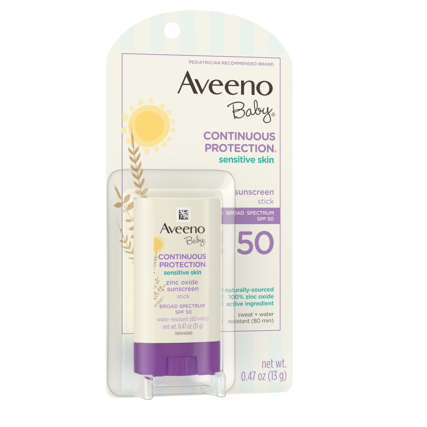 Aveeno Baby Continuous Protection Mineral Sunscreen Stick for Sensitive Skin with Broad Spectrum SPF 50 Protection for Face & Body, Naturally Sourced 100% Zinc Oxide, Travel Size, 0.47 oz