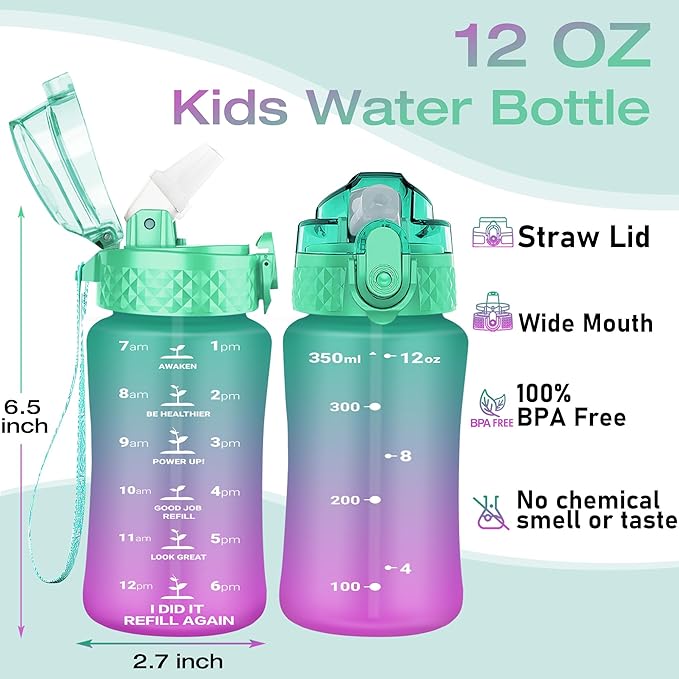 OLDLEY Kids Water Bottle for School, 12 oz (Straw Lid) BPA-Free Reusable Leak-proof Durable Tritan Plastic Water Bottles with One-handed Opening Straw Lids, Anti-dust Spout Cover (Green-Purple)