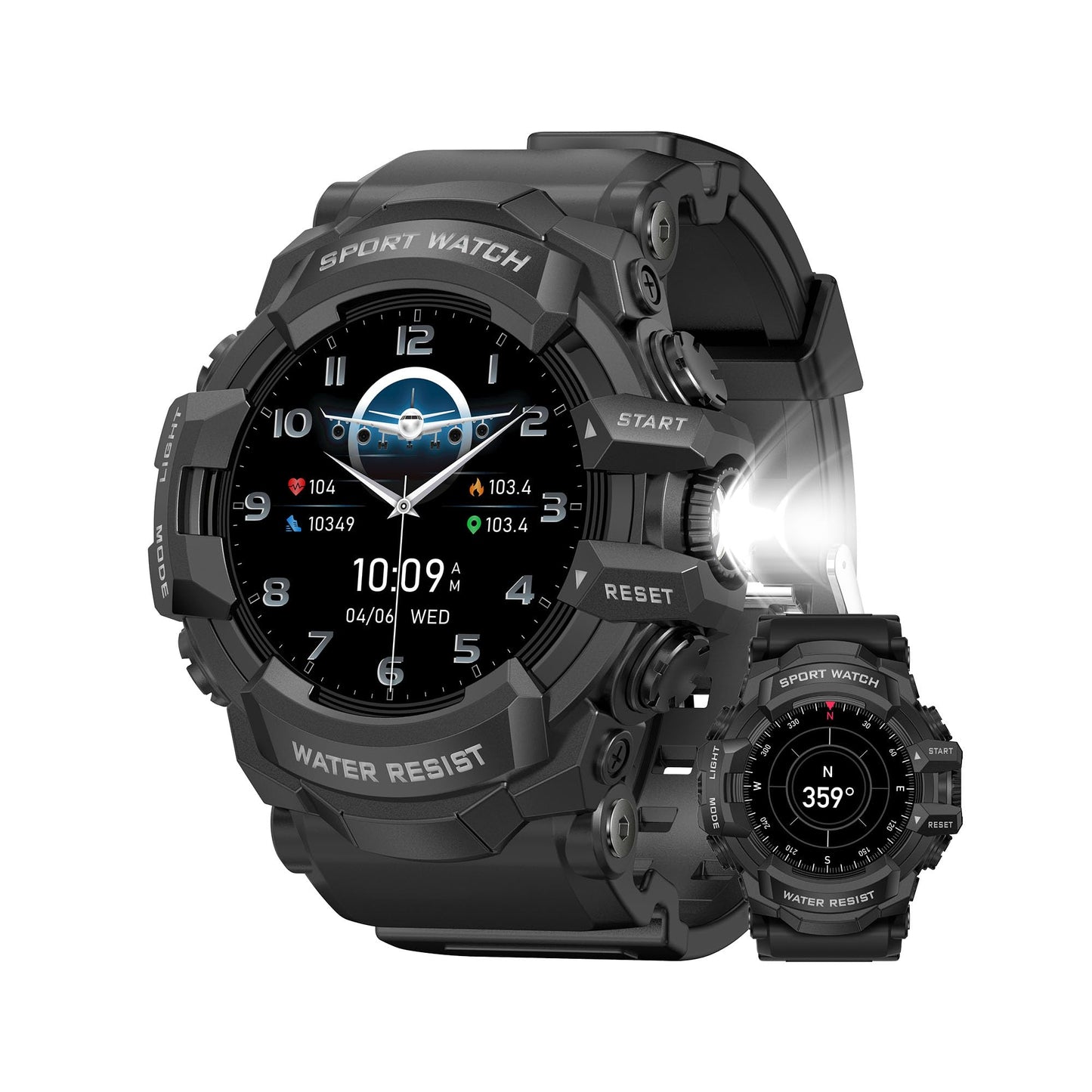 MIDDOW Military Smart Watch with Flashlight (Answer/Make Call) Compass, Heart Rate/Sleep/Pedometer/100+ Sports Modes, Fitness Tracker IP68 Waterproof, Long Battery Life Android & iOS (Black)