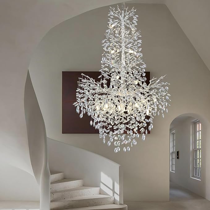 H61'' Silver Crystal High Ceilings Chandelier Staircase Chandeliers Modern Crystal Tree Branch Chandelier, D40'' Foyer Chandelier for High Ceiling Luxury Large Living Room Chandelier, 23-Lights