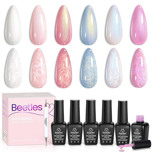 Beetles Shimmer Glitter Gel Nail Polish Set, 6 Colors White Pink Blue Pearl Gel Nail Polish Mermaid Soak Off Uv Led Spring Summer Polish Swirl Thread Effect DIY Manicure Art Gift for Women
