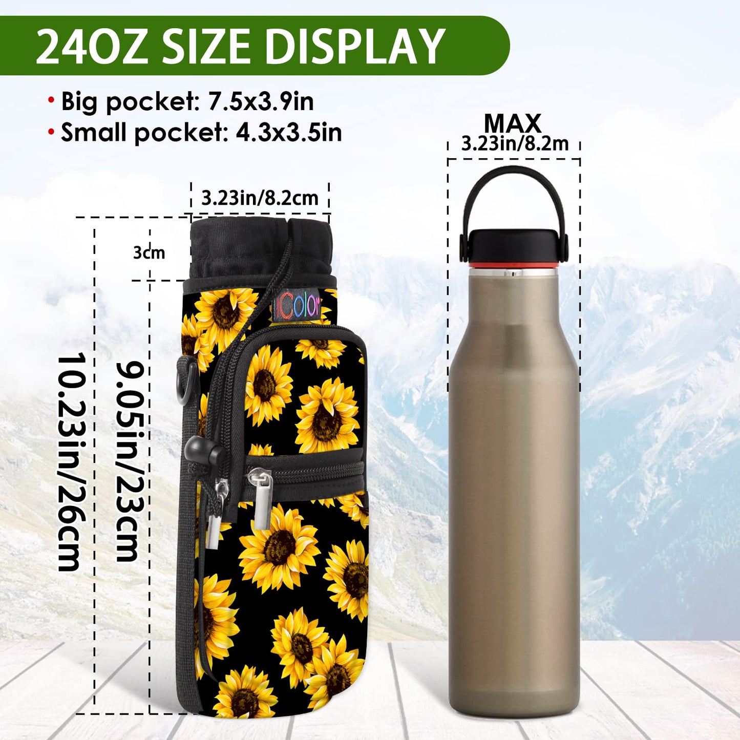 icolor Water Bottle Carrier Bag Holder 25/32/40/64oz,Adjustable Padded Shoulder & Handle Strap Sports Sling Hiking Pack,Insulated Neoprene Wide Mouth Bottle Sleeve