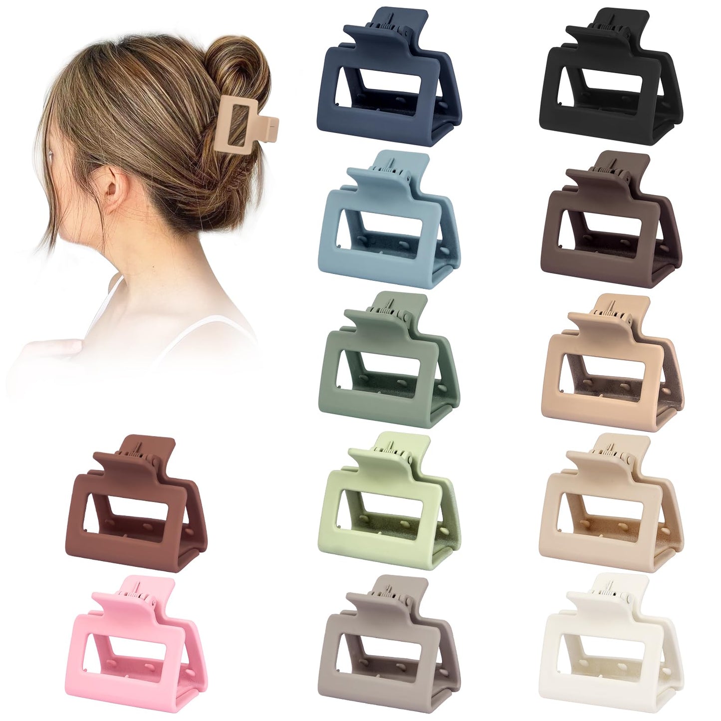 12 Pack Square Claw Clips, Large and Small Hair Claw Clips for Women Thick Thin Hair (Neutral)